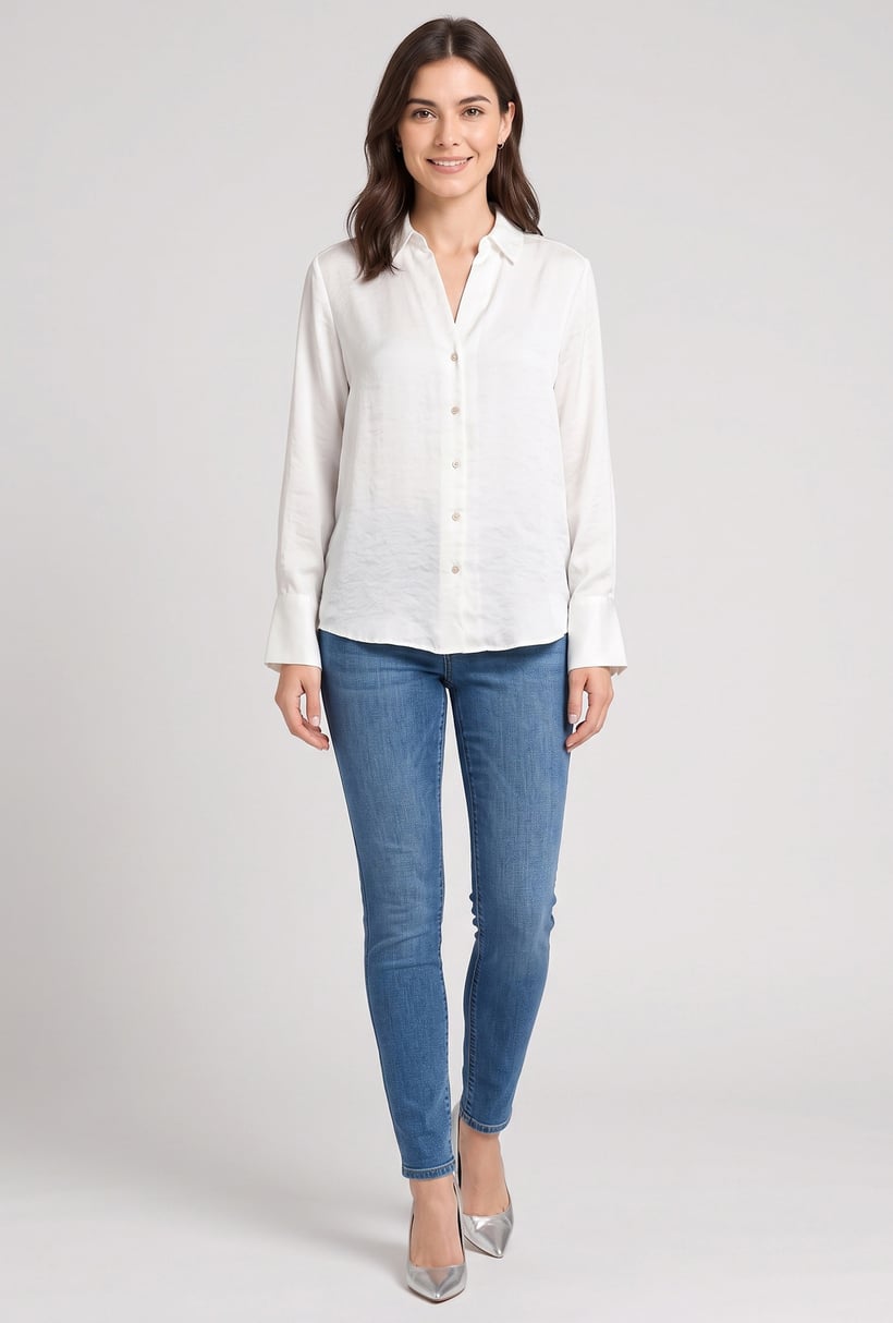 Women Spread Collar Long Sleeve Plain Shirt, White