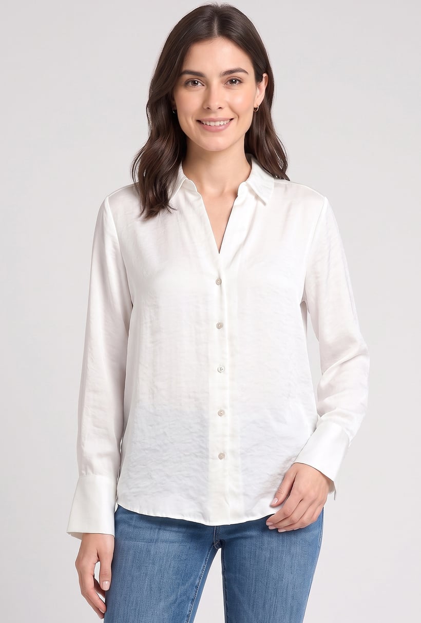 Women Spread Collar Long Sleeve Plain Shirt, White