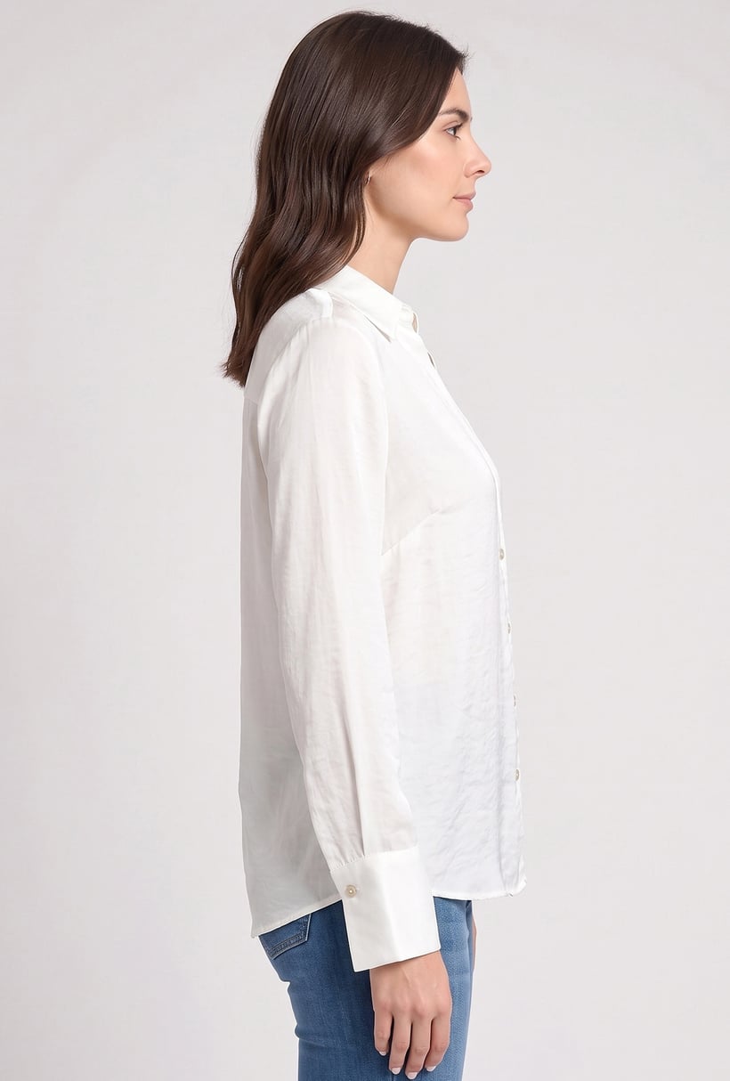 Women Spread Collar Long Sleeve Plain Shirt, White