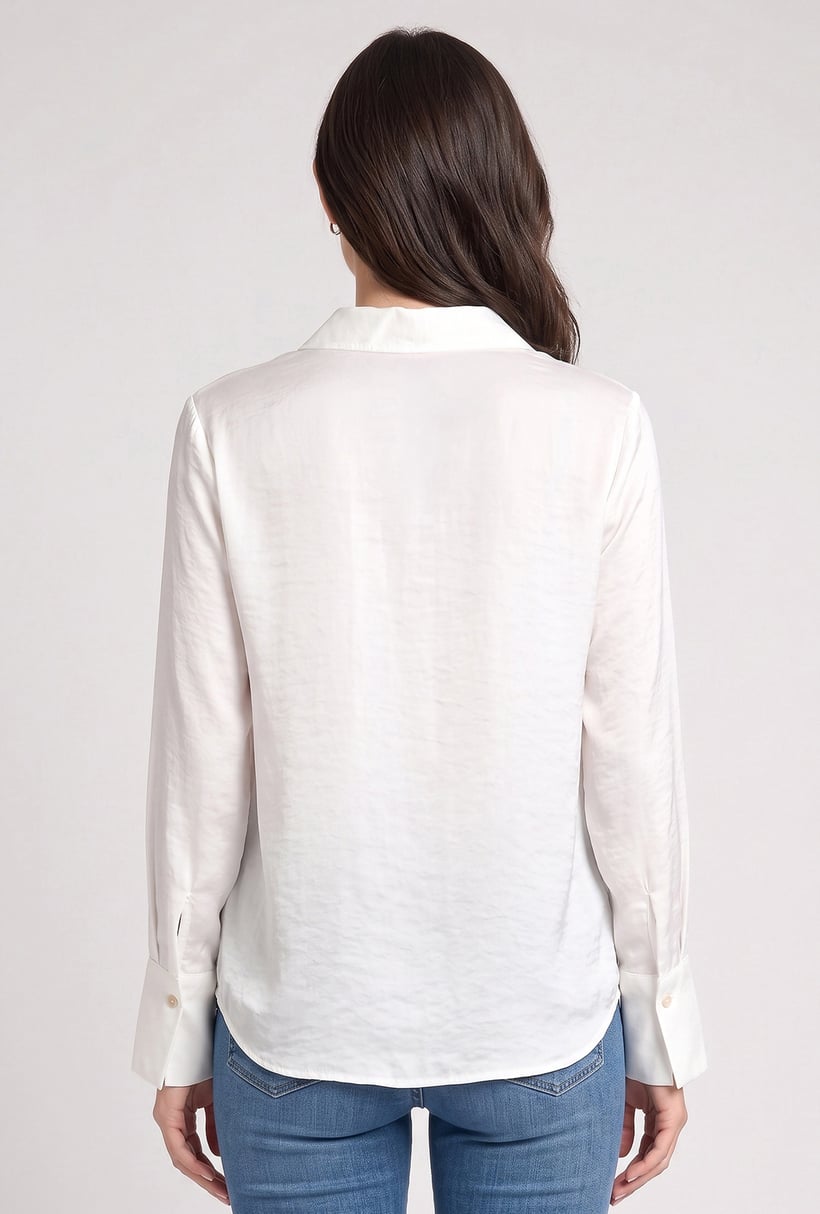 Women Spread Collar Long Sleeve Plain Shirt, White