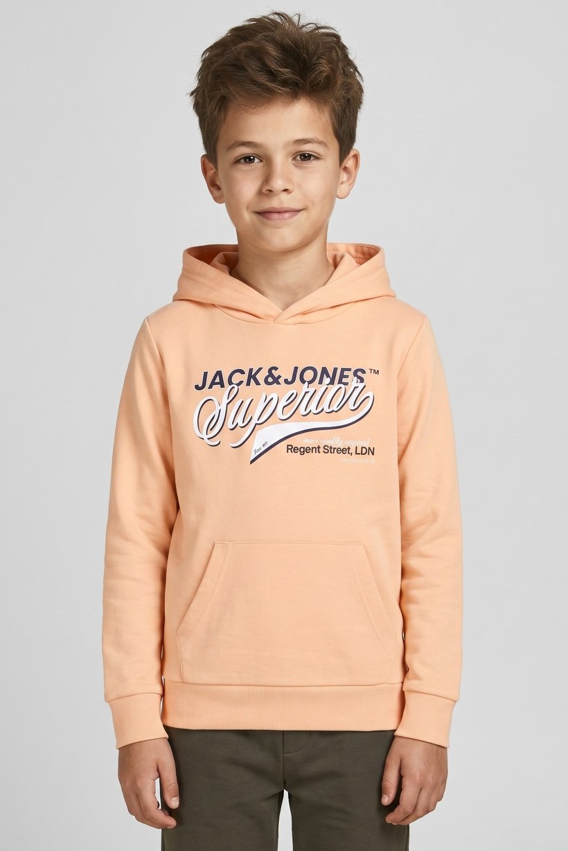 Kids Boy Brand Logo Long Sleeve Hoodie, Peach