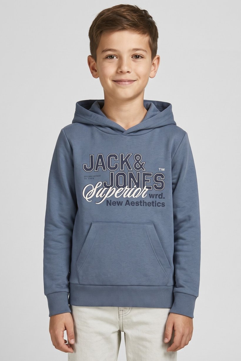Kids Boy Graphic Print Long Sleeve Hoodie, Dusty Blue