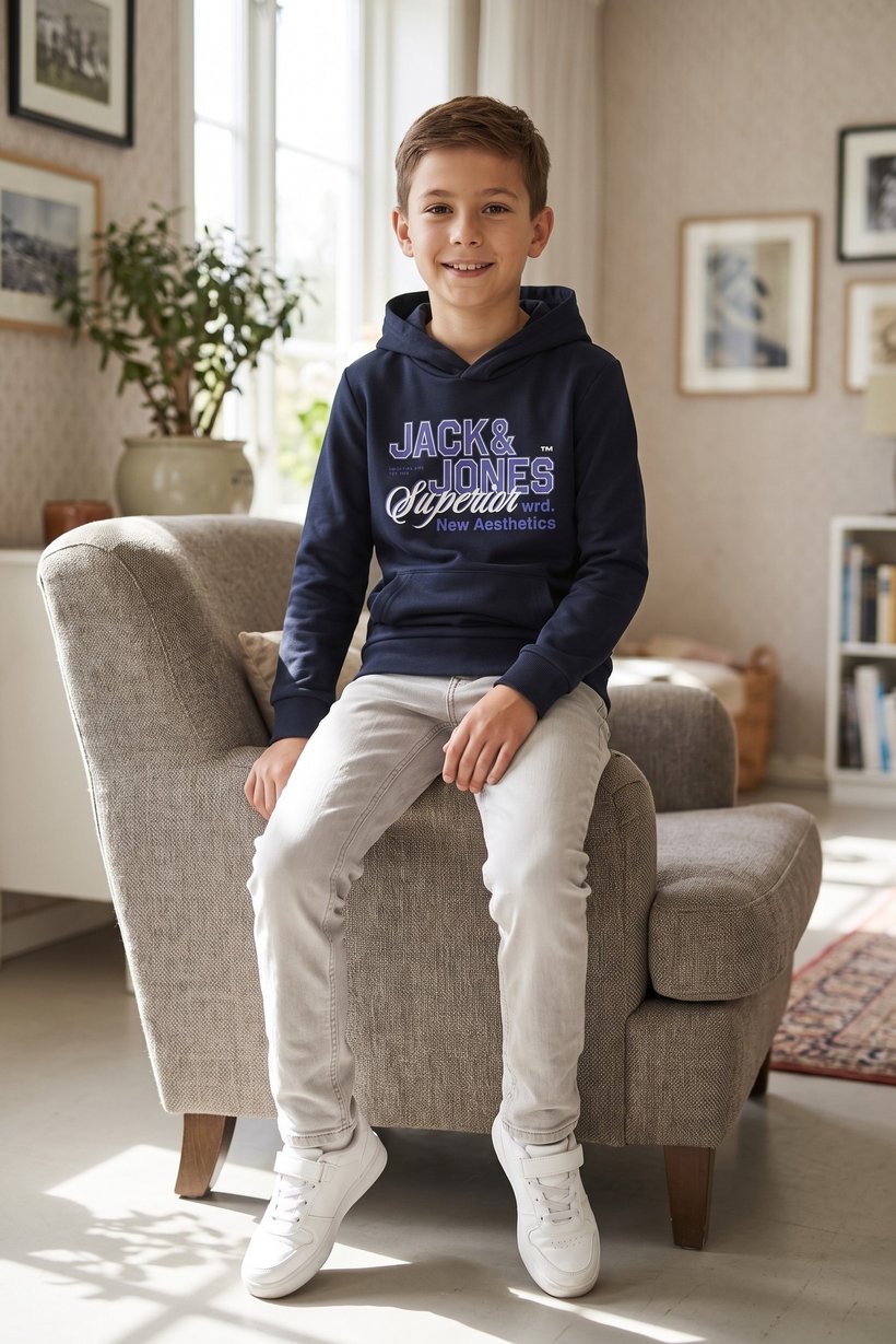 Kids Boy Graphic Print Long Sleeve Hoodie, Navy