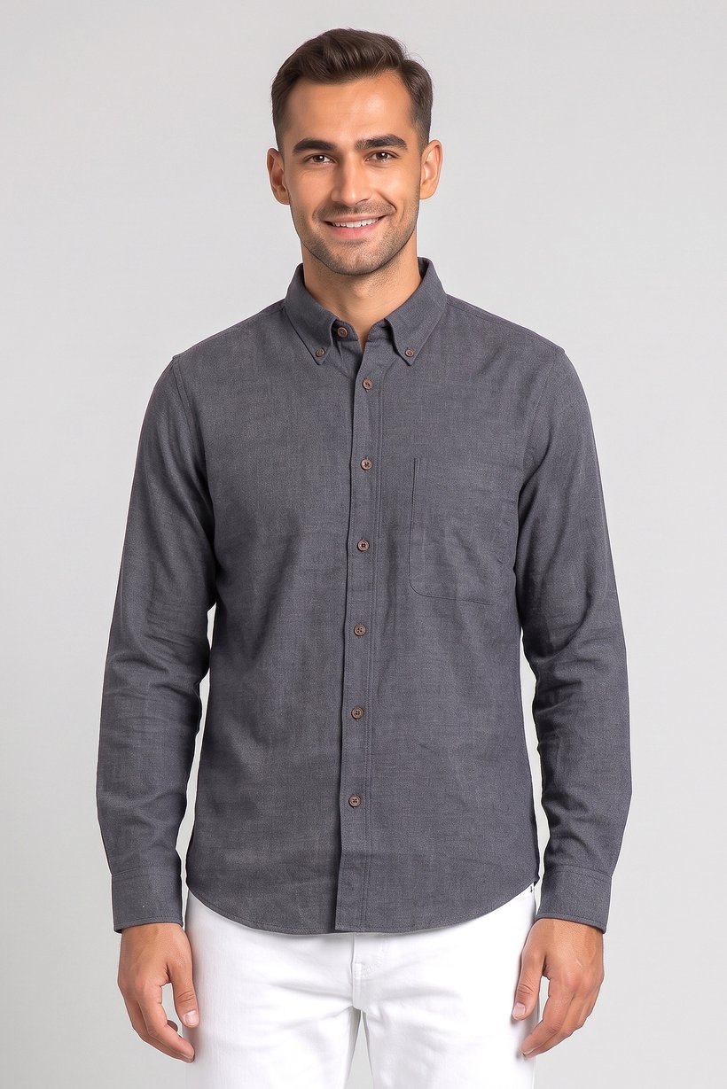 Men Regular Fit Plain Long Sleeve Casual Shirt, Dark Grey