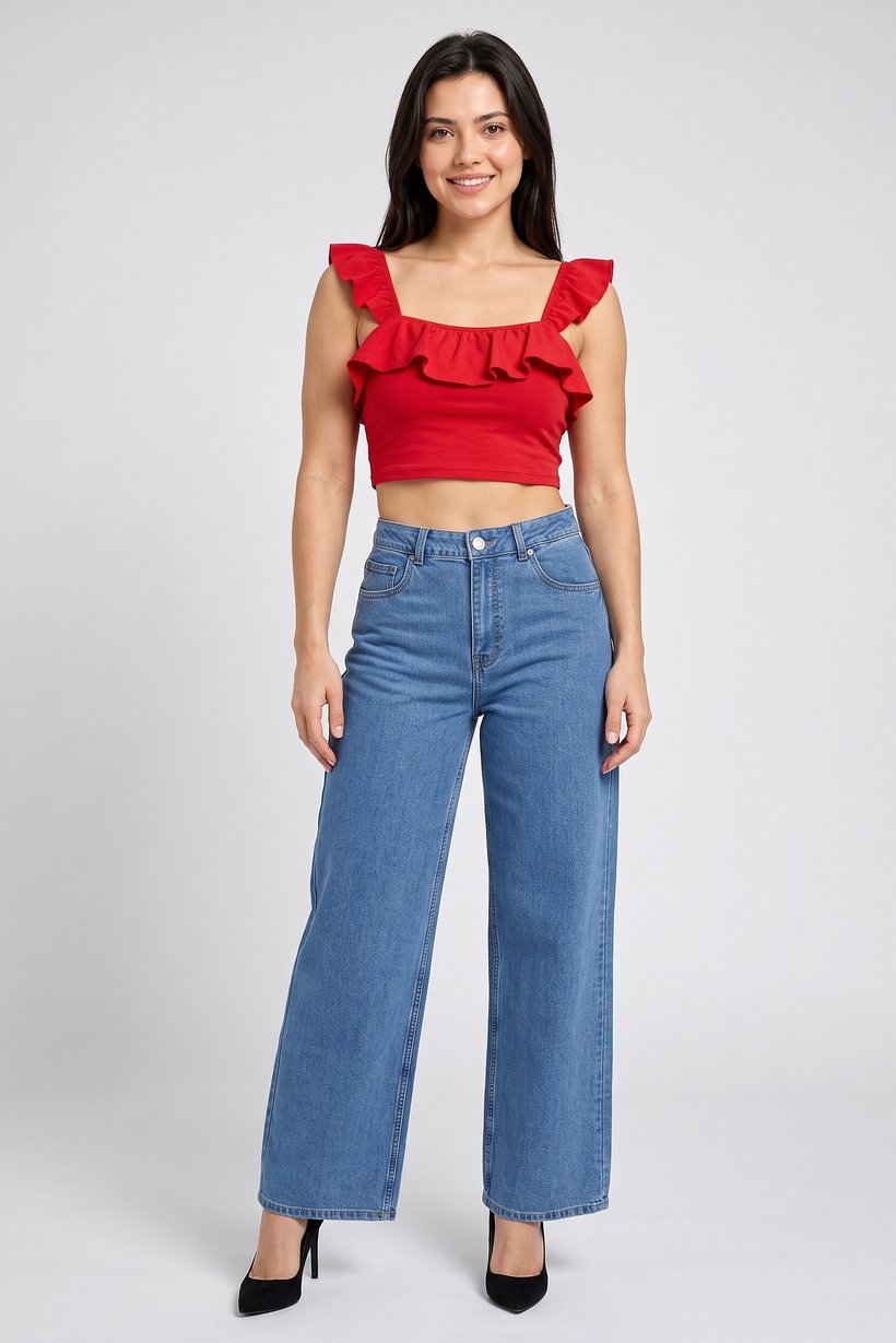 Women Regular Fit 32 Length Wide Leg Denim Jeans, Blue