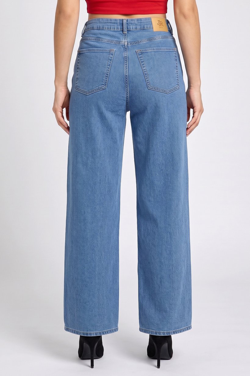 Women Regular Fit 32 Length Wide Leg Denim Jeans, Blue