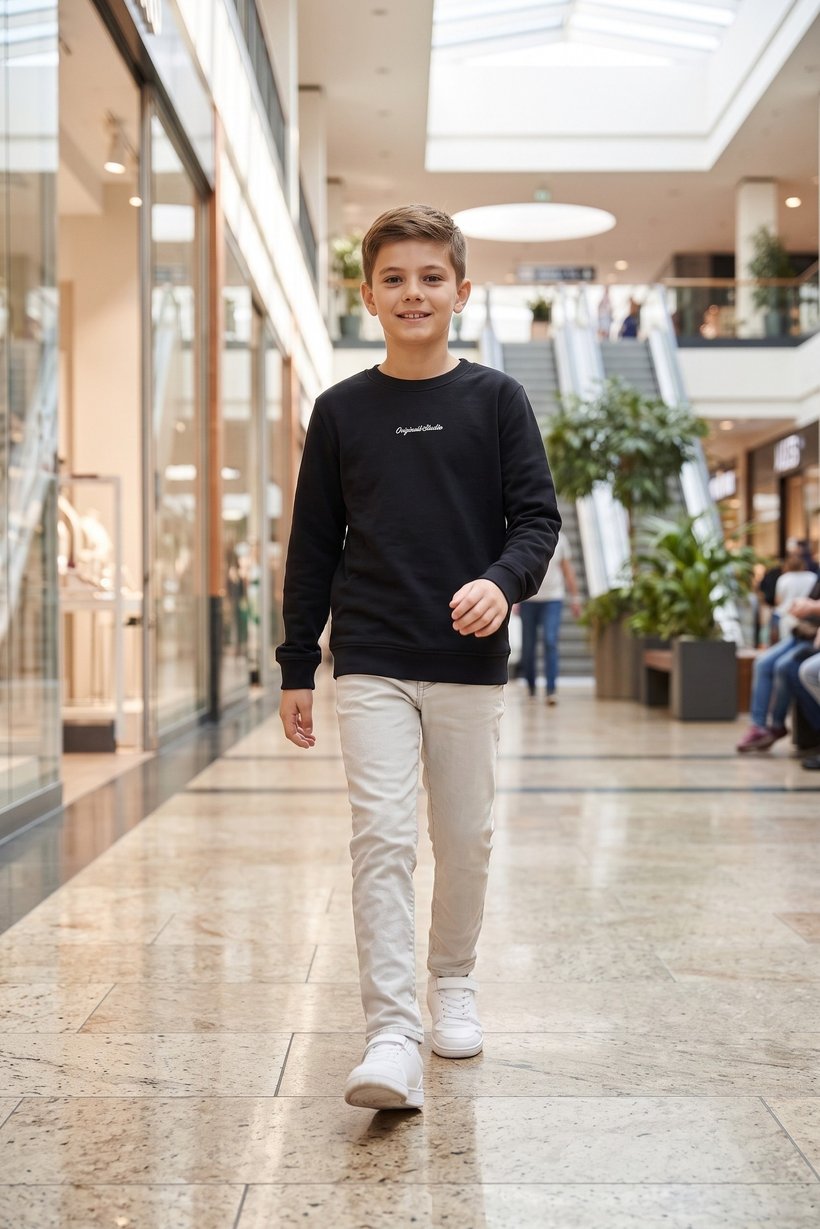 Kids Boy Crew Neck Embroidered Long Sleeve Sweatshirt, Black