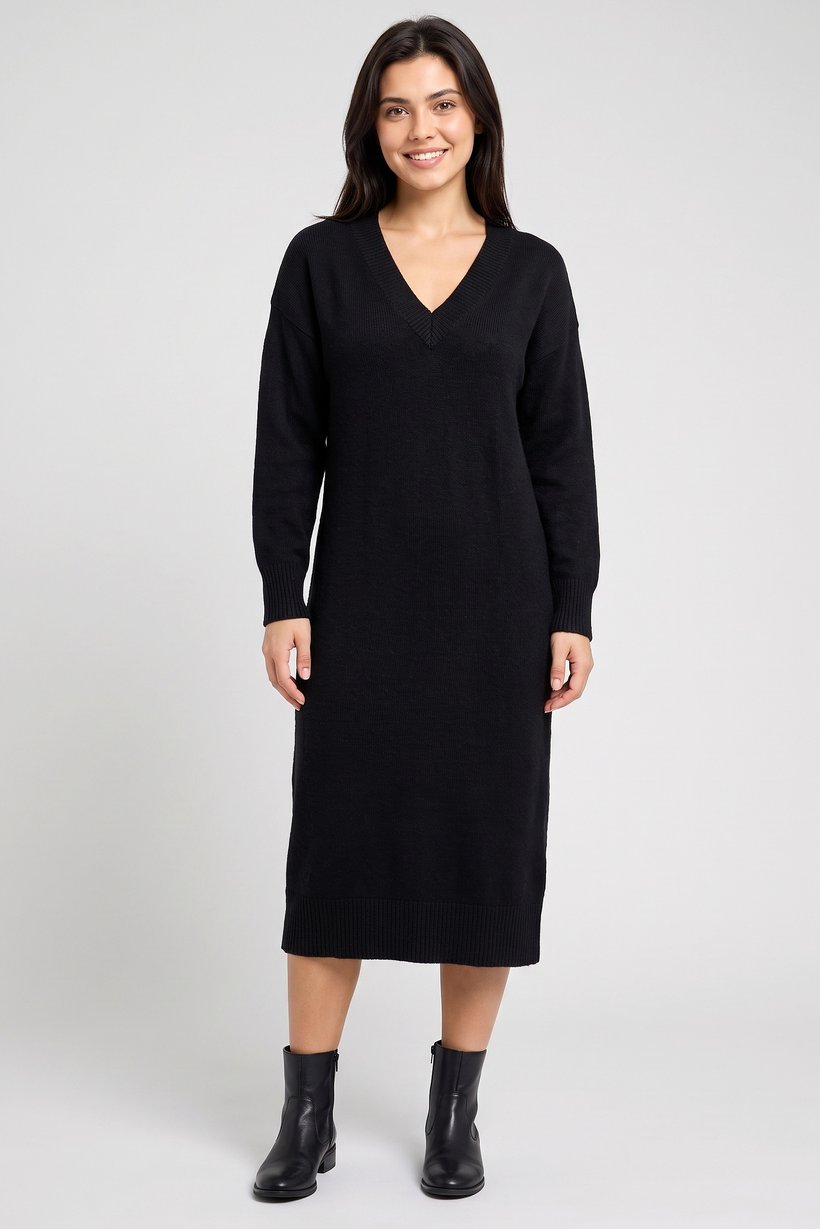 Women Knitted Sweater Dress, Black