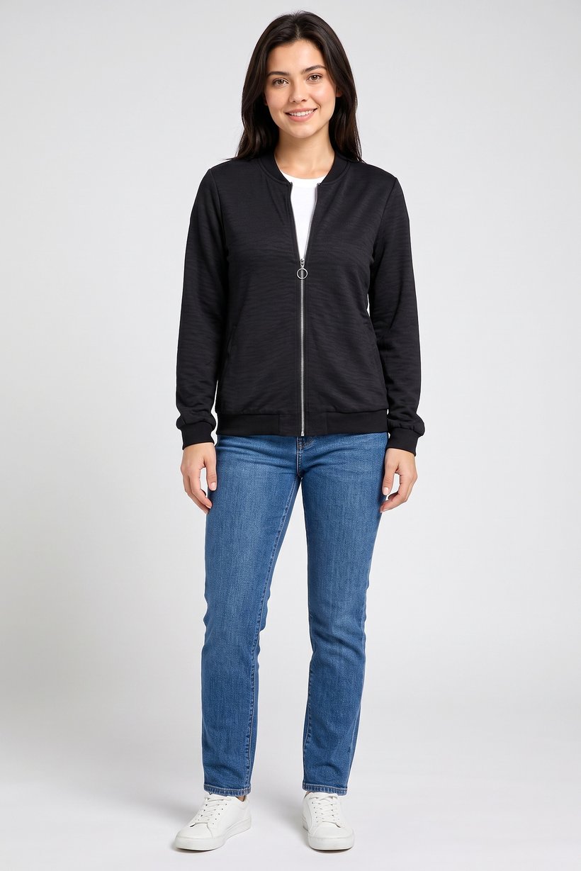 Women Solid Full Zip Jacket Shirt, Black