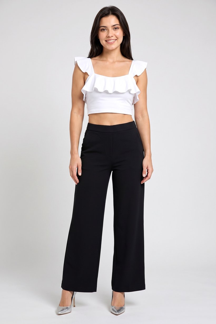 Women Regular Fit Solid Wide Leg Pants, Black