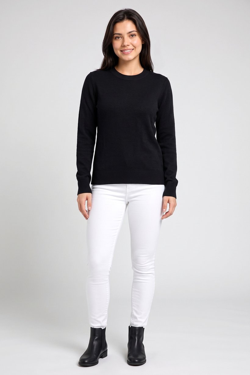 Women Crew Neck Knitted Sweater, Black