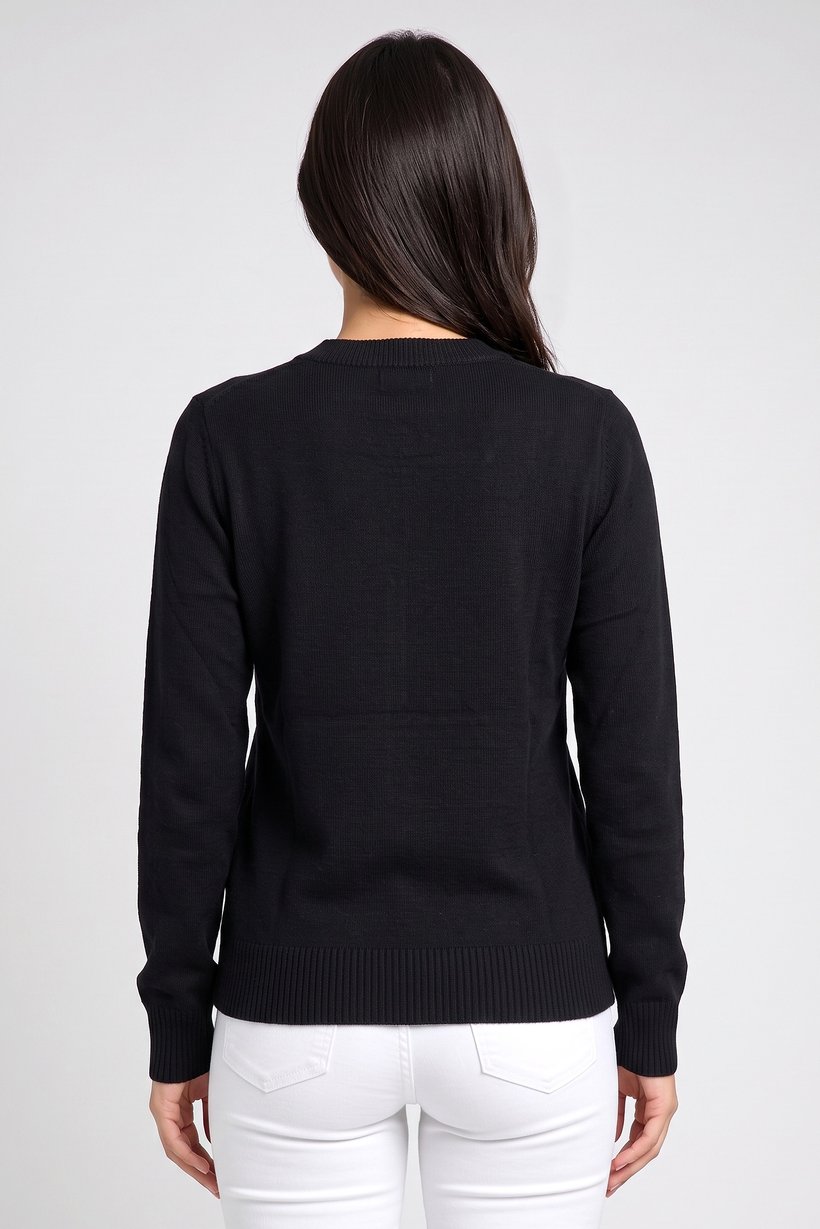 Women Crew Neck Knitted Sweater, Black