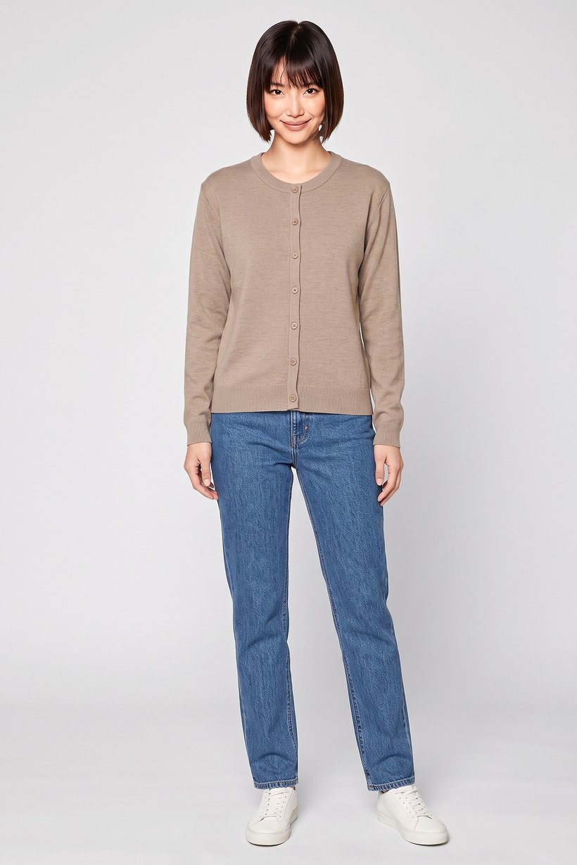 Women Crew Neck Knitted Cardigan, Tan