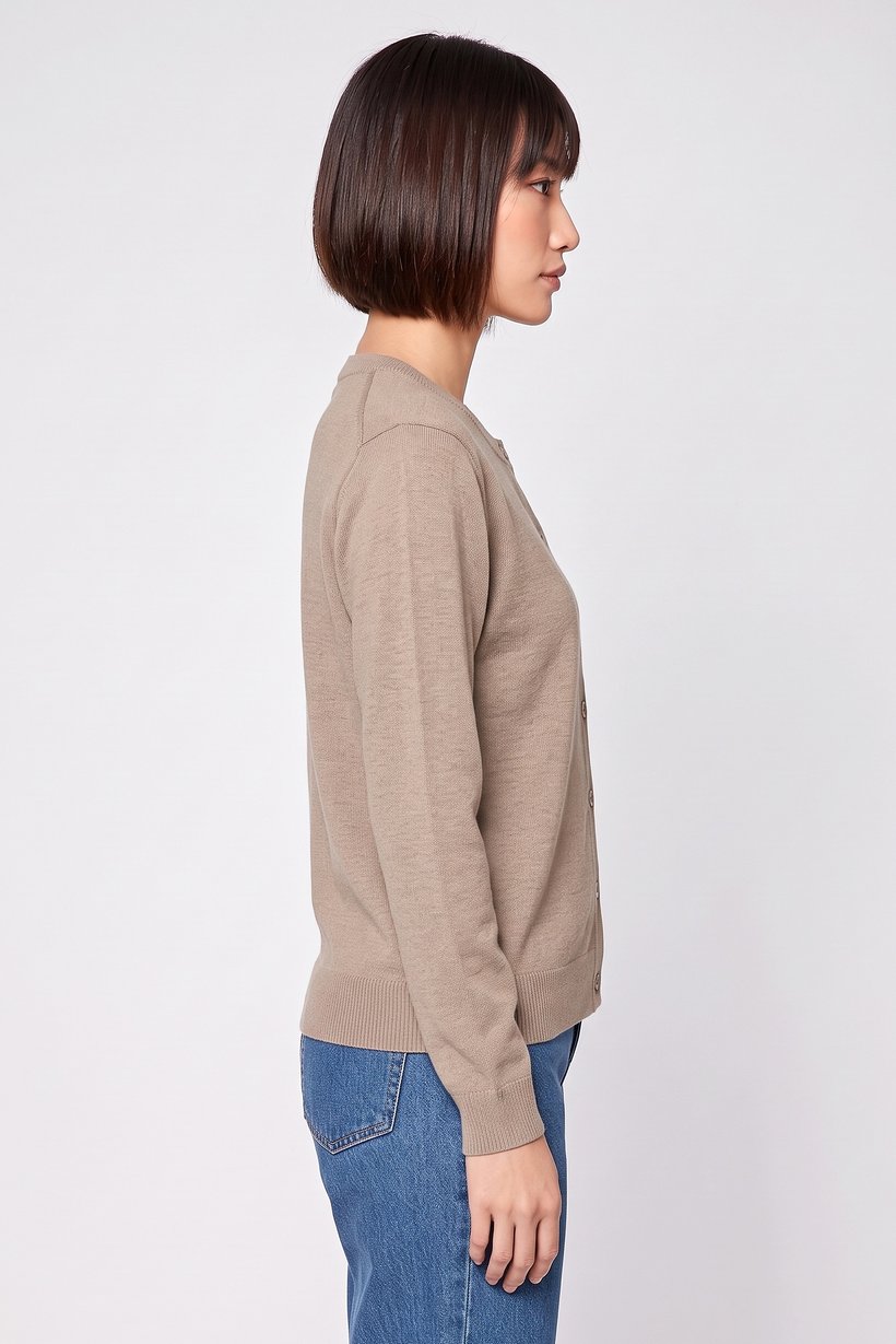 Women Crew Neck Knitted Cardigan, Tan