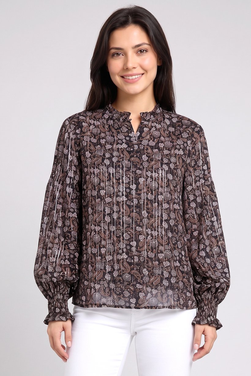 Women Ruffle Neck Floral Print Long Sleeve Blouse, Multicolor