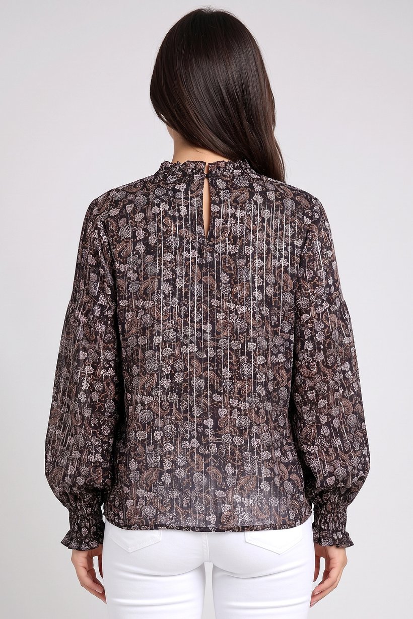 Women Ruffle Neck Floral Print Long Sleeve Blouse, Multicolor