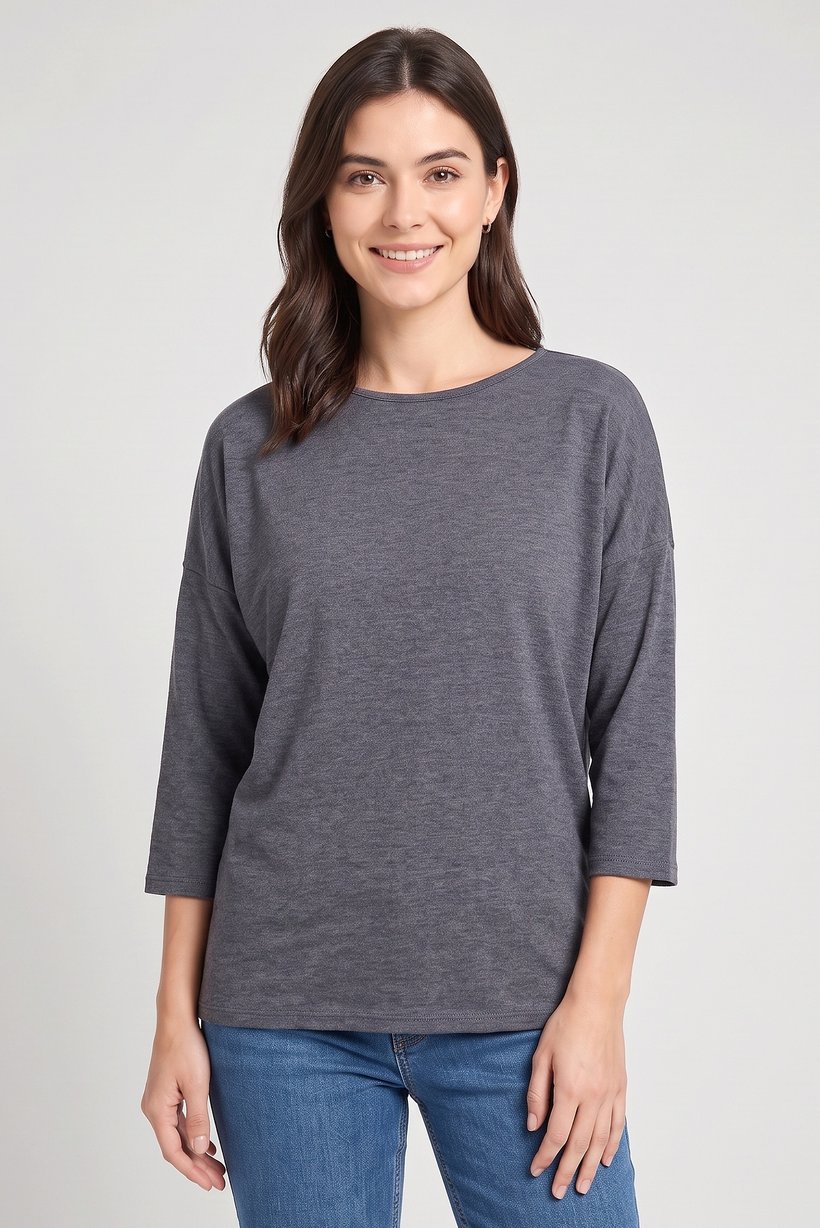 Women Round Neck 3/4 Sleeve Solid Top, Grey