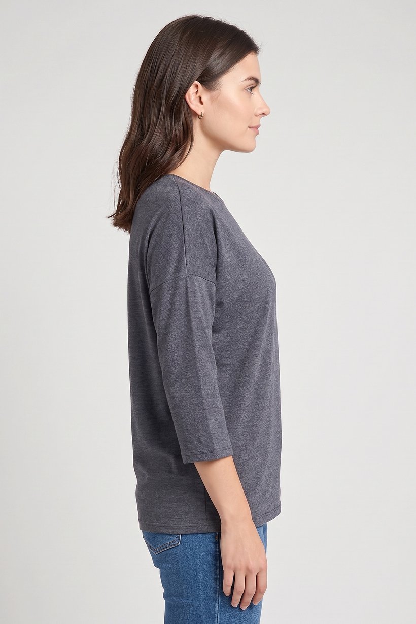 Women Round Neck 3/4 Sleeve Solid Top, Grey