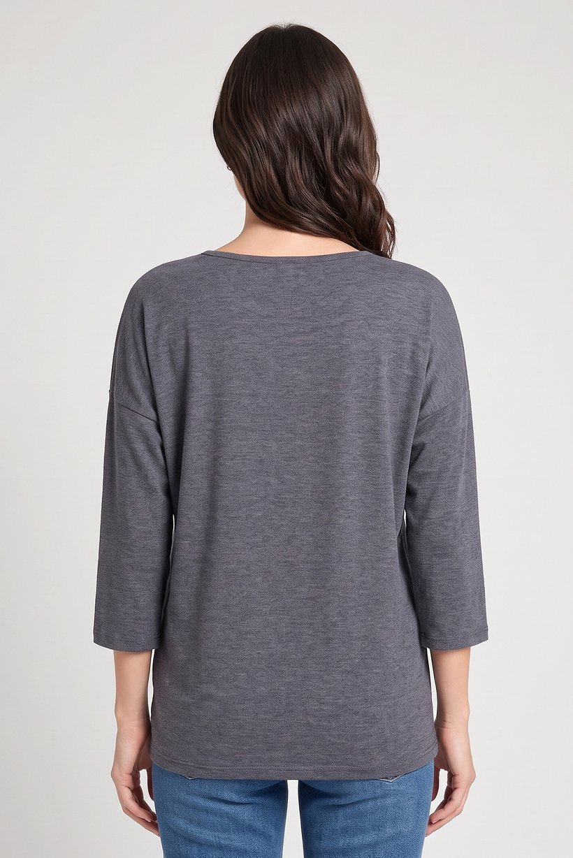 Women Round Neck 3/4 Sleeve Solid Top, Grey