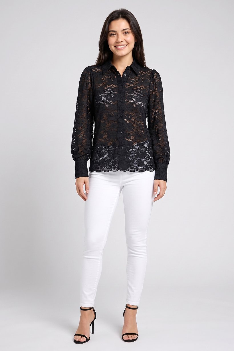 Women Regular Fit Eyelet Long Sleeve Shirt, Black