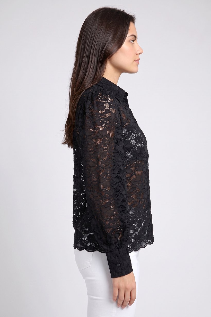 Women Regular Fit Eyelet Long Sleeve Shirt, Black