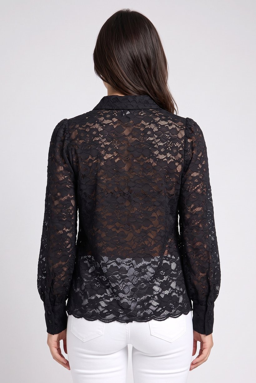 Women Regular Fit Eyelet Long Sleeve Shirt, Black
