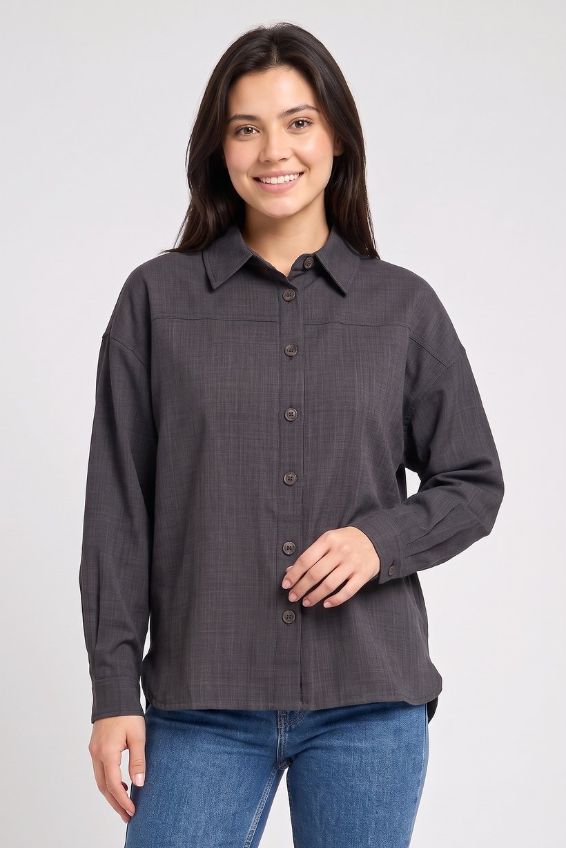 Women Spread Collar Textured Long Sleeve Shirt, Dark Grey