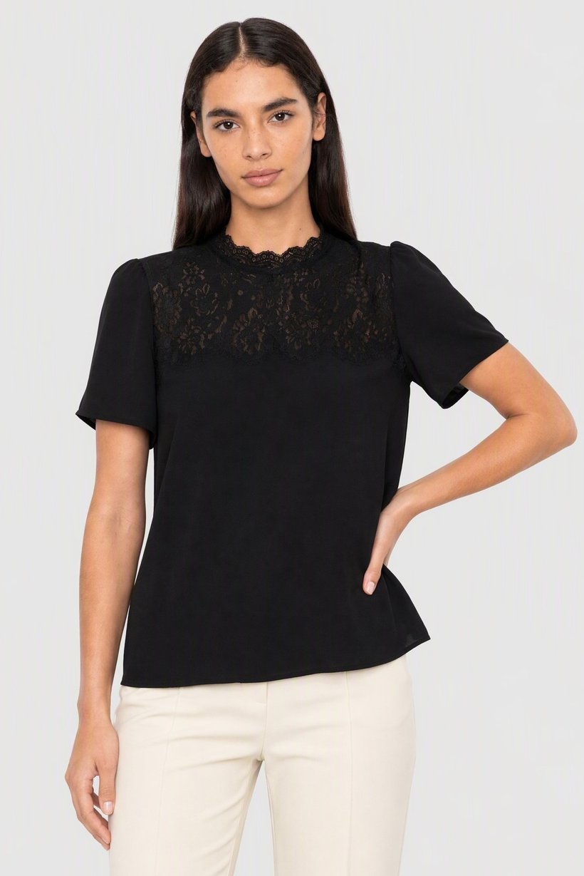 Women Scalloped Neck Lace Details Short Sleeve Blouse, Black