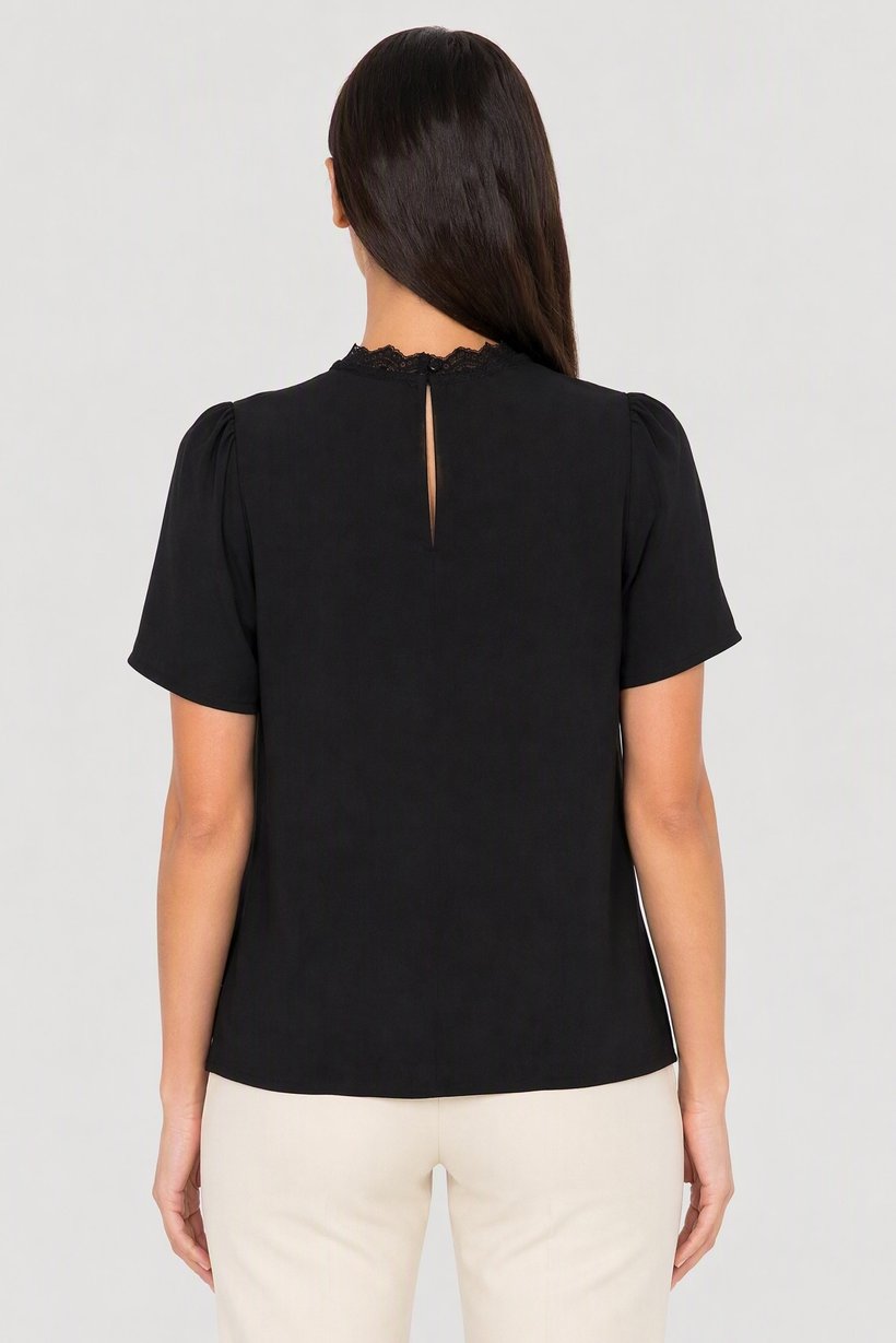 Women Scalloped Neck Lace Details Short Sleeve Blouse, Black
