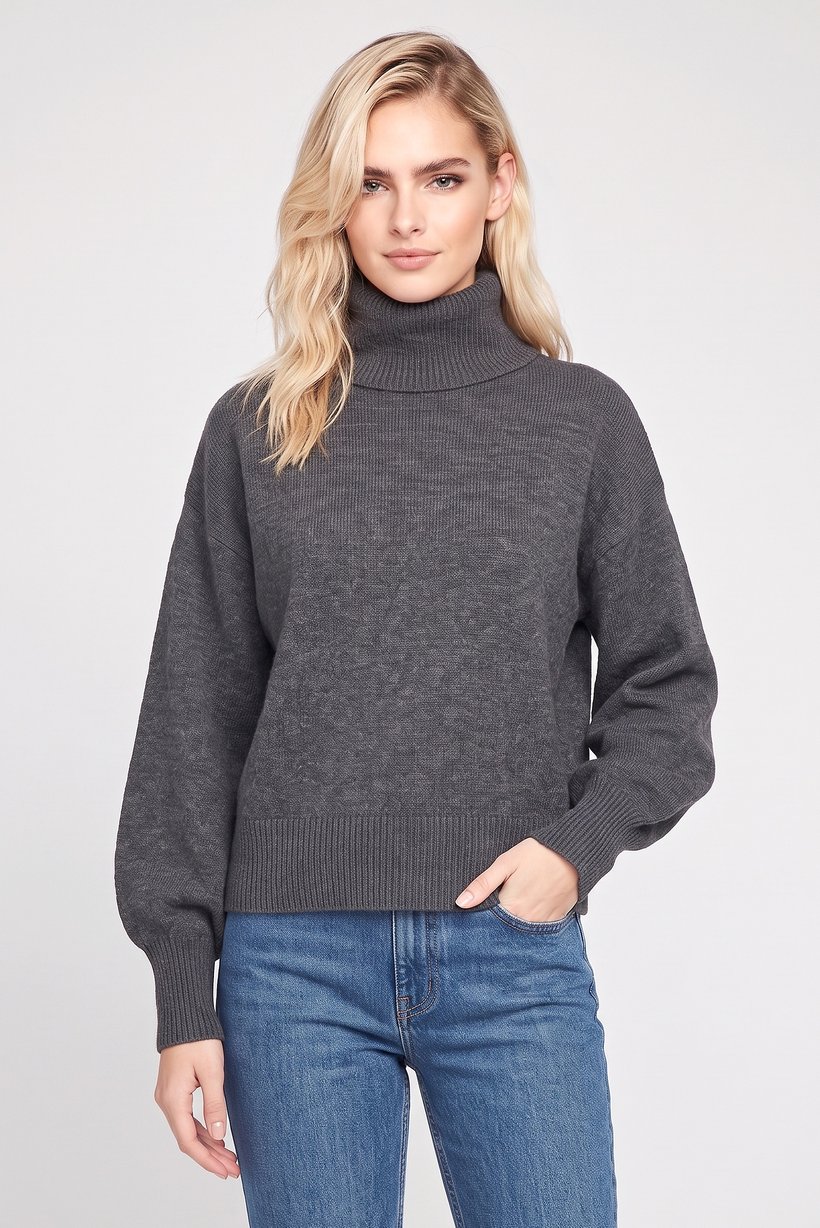 Women Turtle Neck Knitted Sweater, Grey