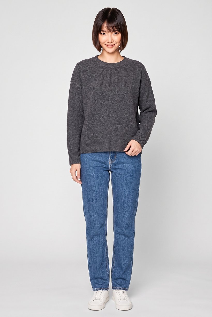 Women Crew Neck Knitted Sweater, Dark Grey