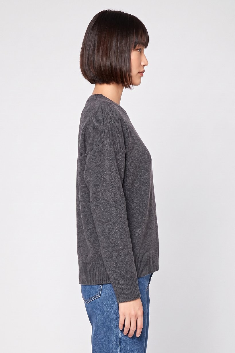 Women Crew Neck Knitted Sweater, Dark Grey