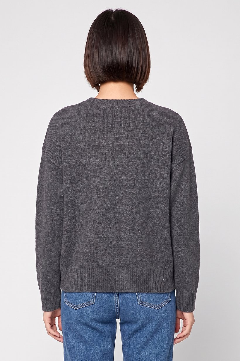 Women Crew Neck Knitted Sweater, Dark Grey