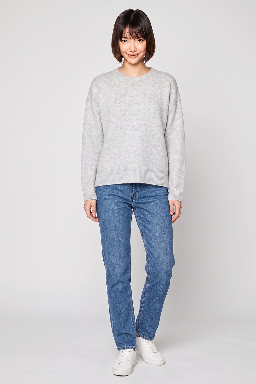 Women Crew Neck Knitted Sweater, Light Grey
