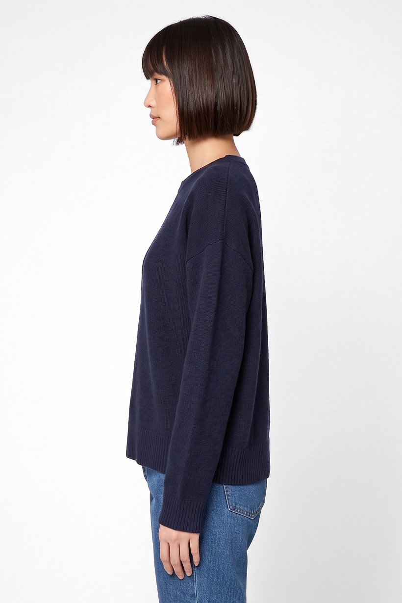 Women Crew Neck Knitted Sweater, Navy