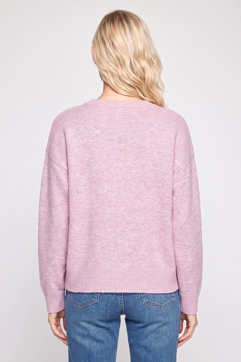 Women Crew Neck Knitted Sweater, Pink