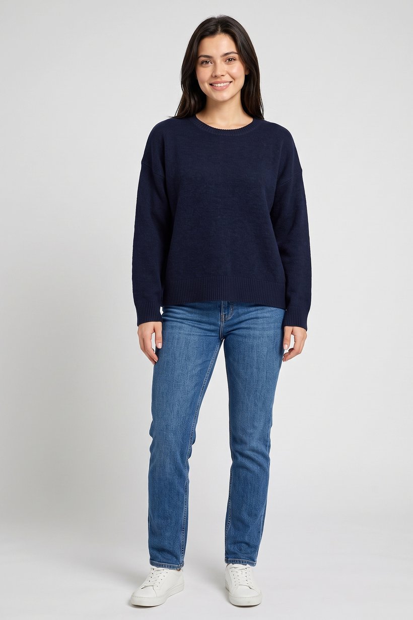 Women Crew Neck Knitted Sweater, Navy Blue