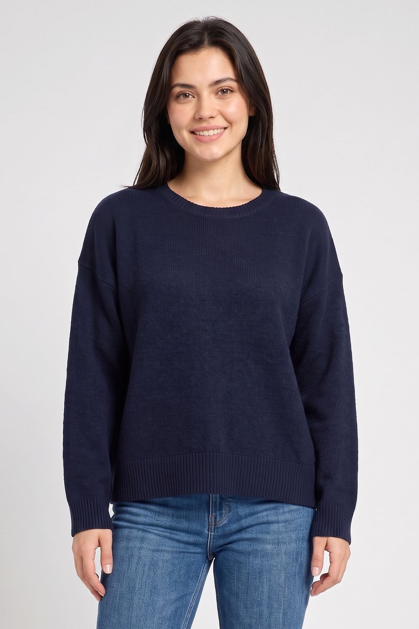 Women Crew Neck Knitted Sweater, Navy Blue