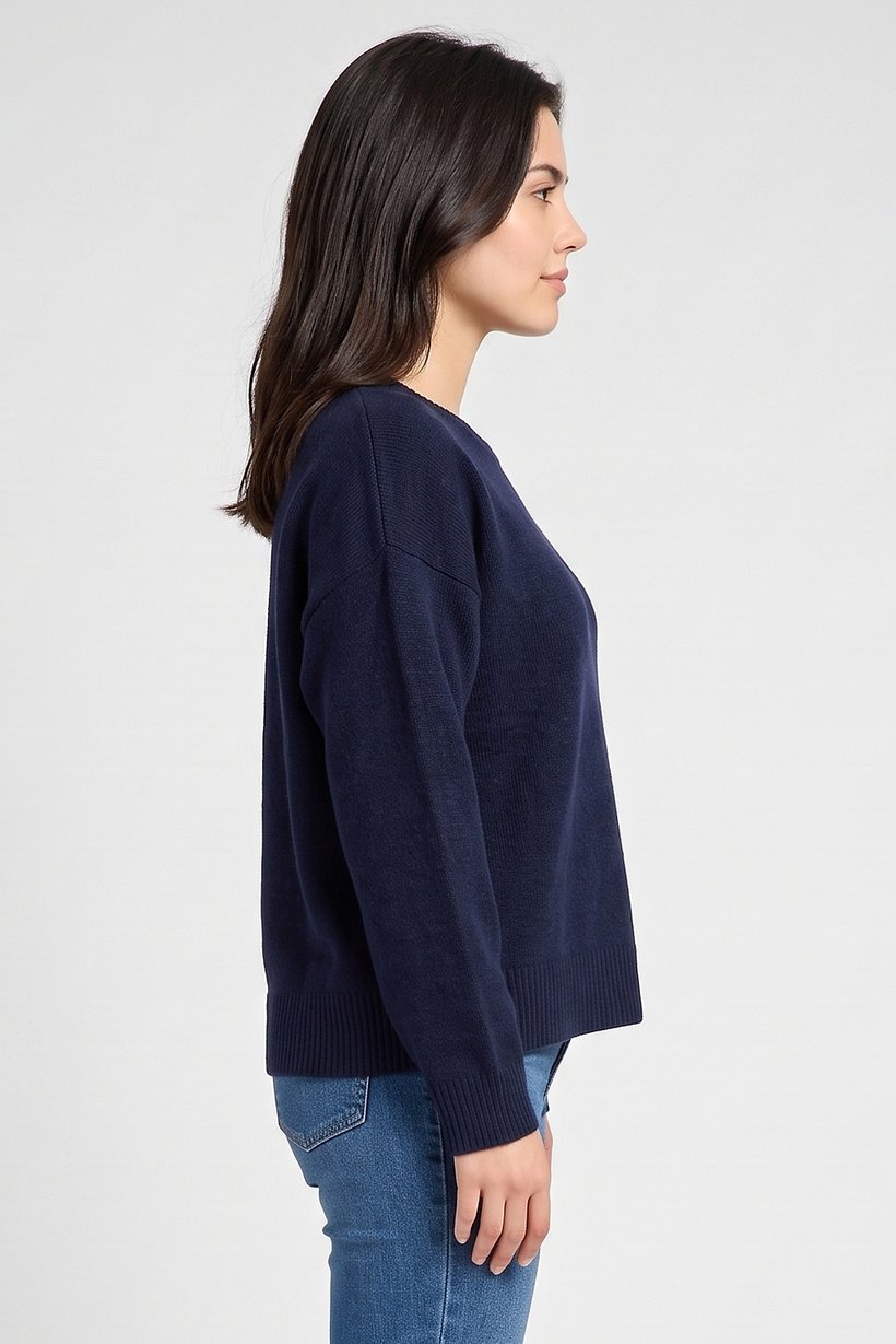 Women Crew Neck Knitted Sweater, Navy Blue