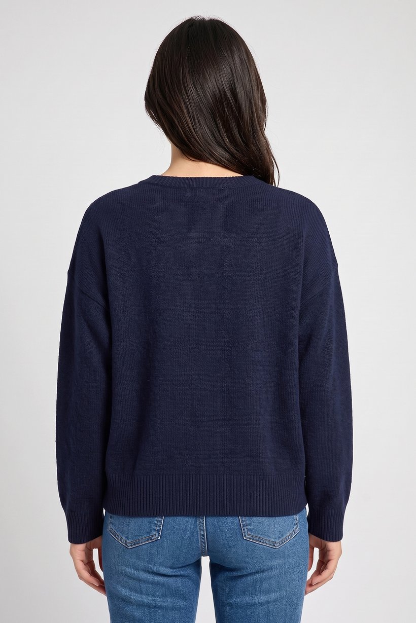 Women Crew Neck Knitted Sweater, Navy Blue