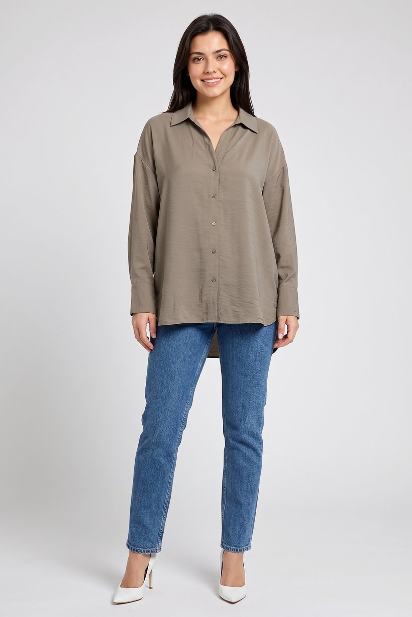 Women Oversized Fit Plain Long Sleeve Shirt, Brown