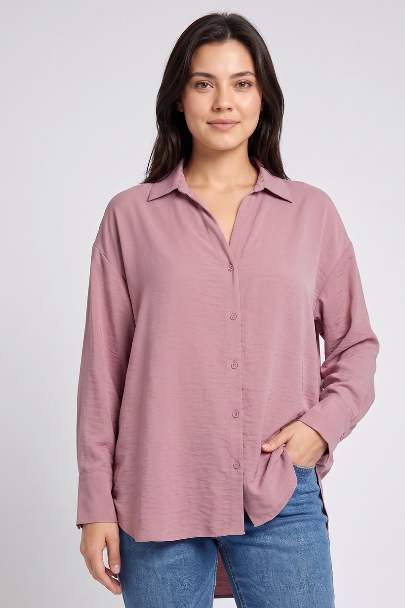 Women Oversized Fit Plain Long Sleeve Shirt, Dusty Pink