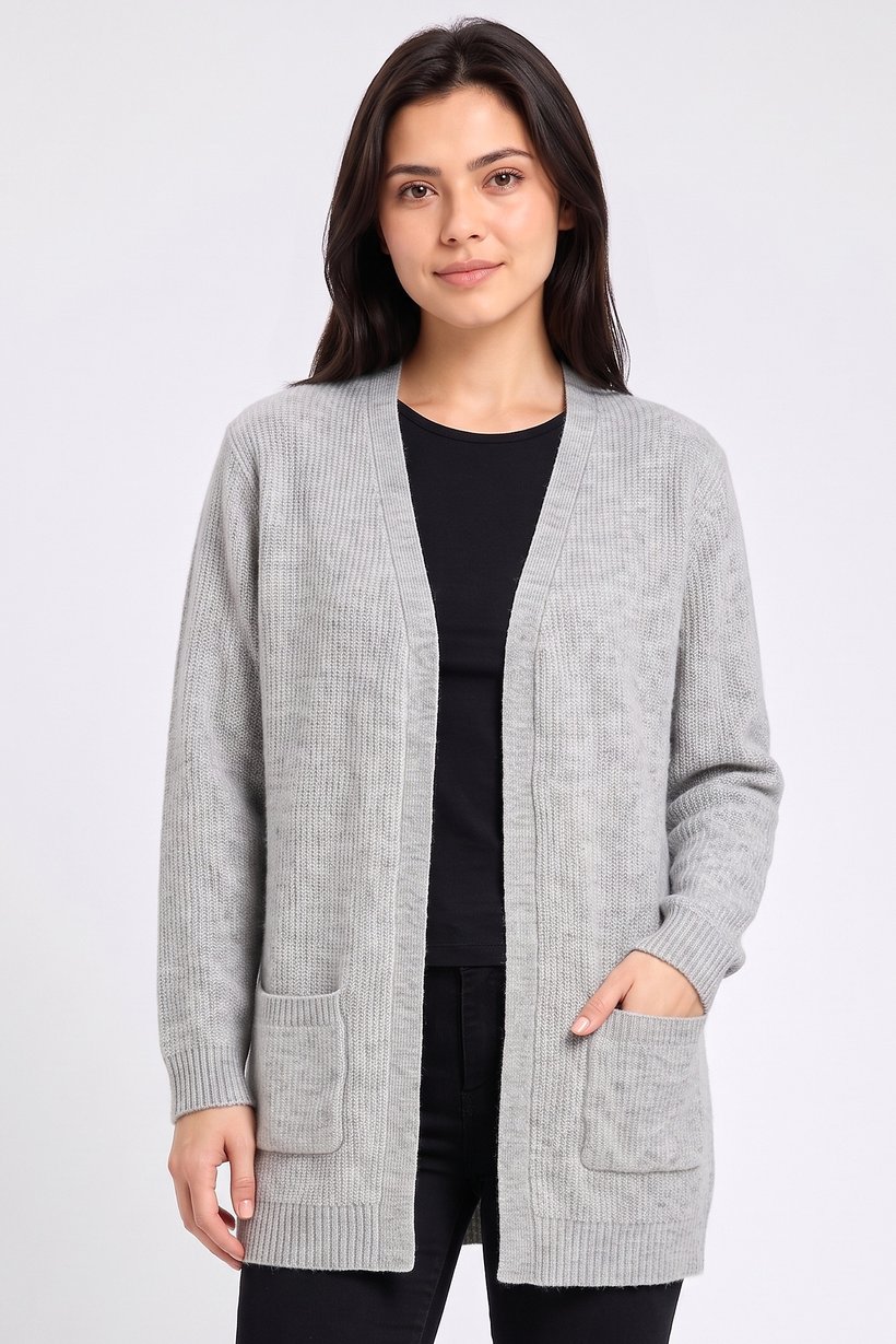 Women Split Neck Knitted Cardigan, Grey