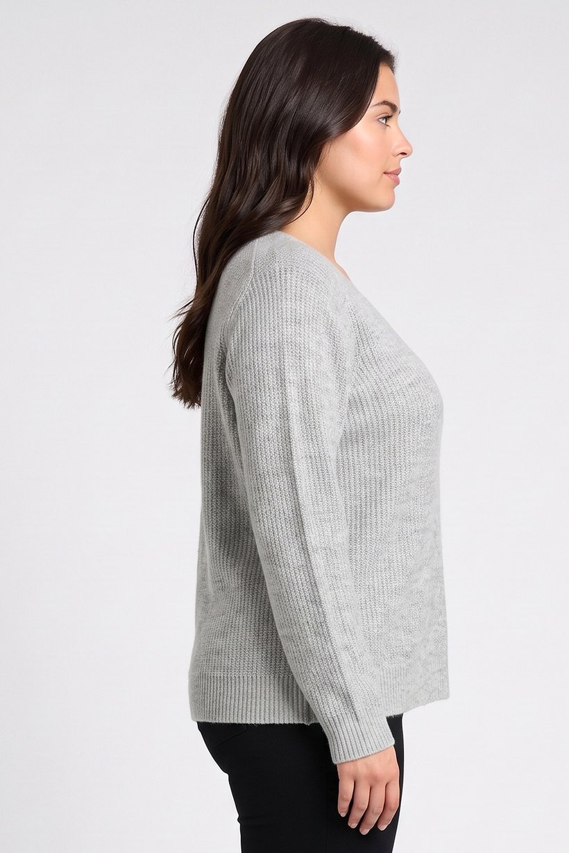 Women V-Neck Knitted Sweater, Heather Grey