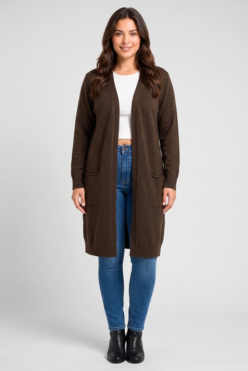 Women Knitted Long Sleeve Cardigan, Chocolate