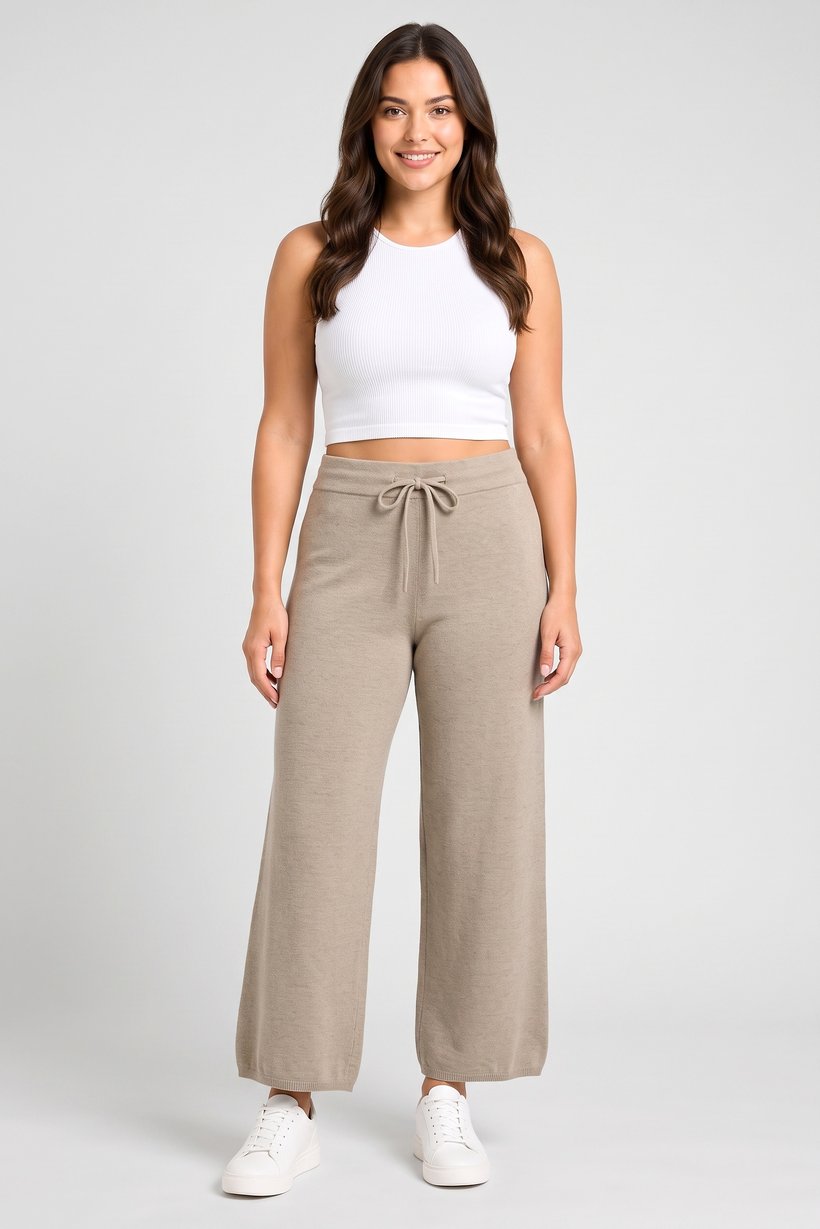 Women Regular Fit Knitted Wide Leg Pants, Taupe