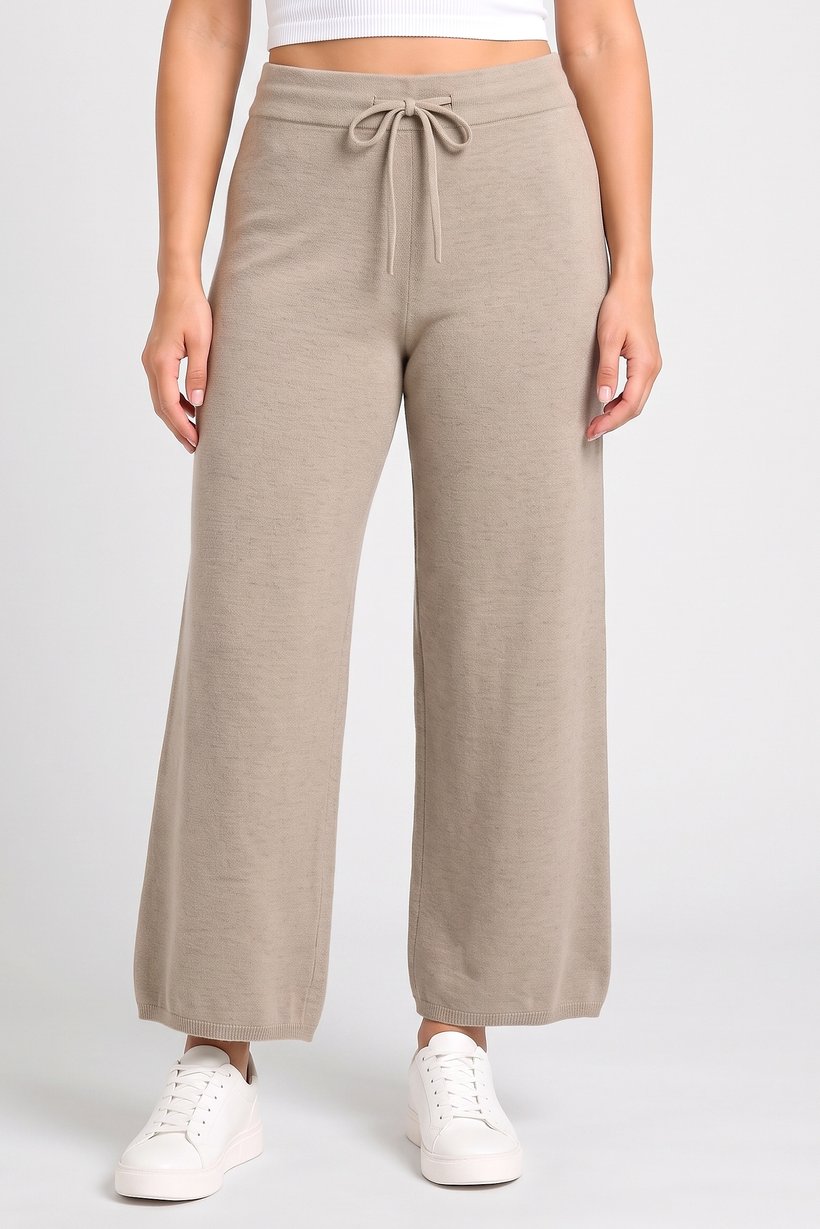 Women Regular Fit Knitted Wide Leg Pants, Taupe