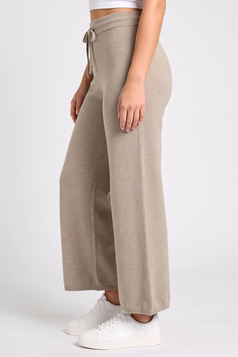 Women Regular Fit Knitted Wide Leg Pants, Taupe