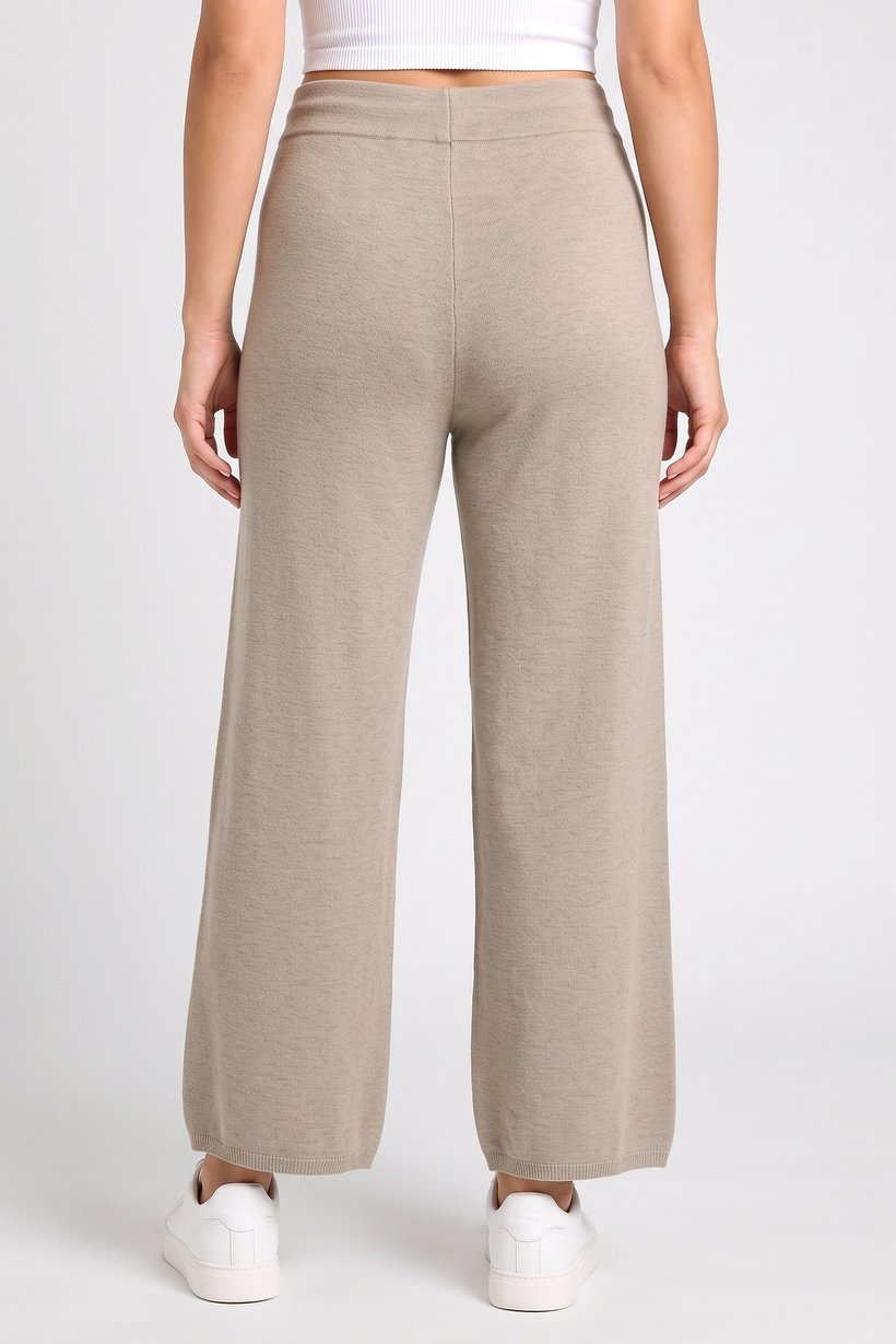 Women Regular Fit Knitted Wide Leg Pants, Taupe