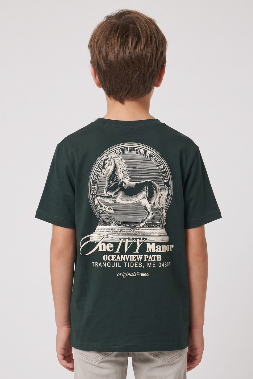 Kids Boy Short Sleeve Graphic Print T-Shirt, Dark Green